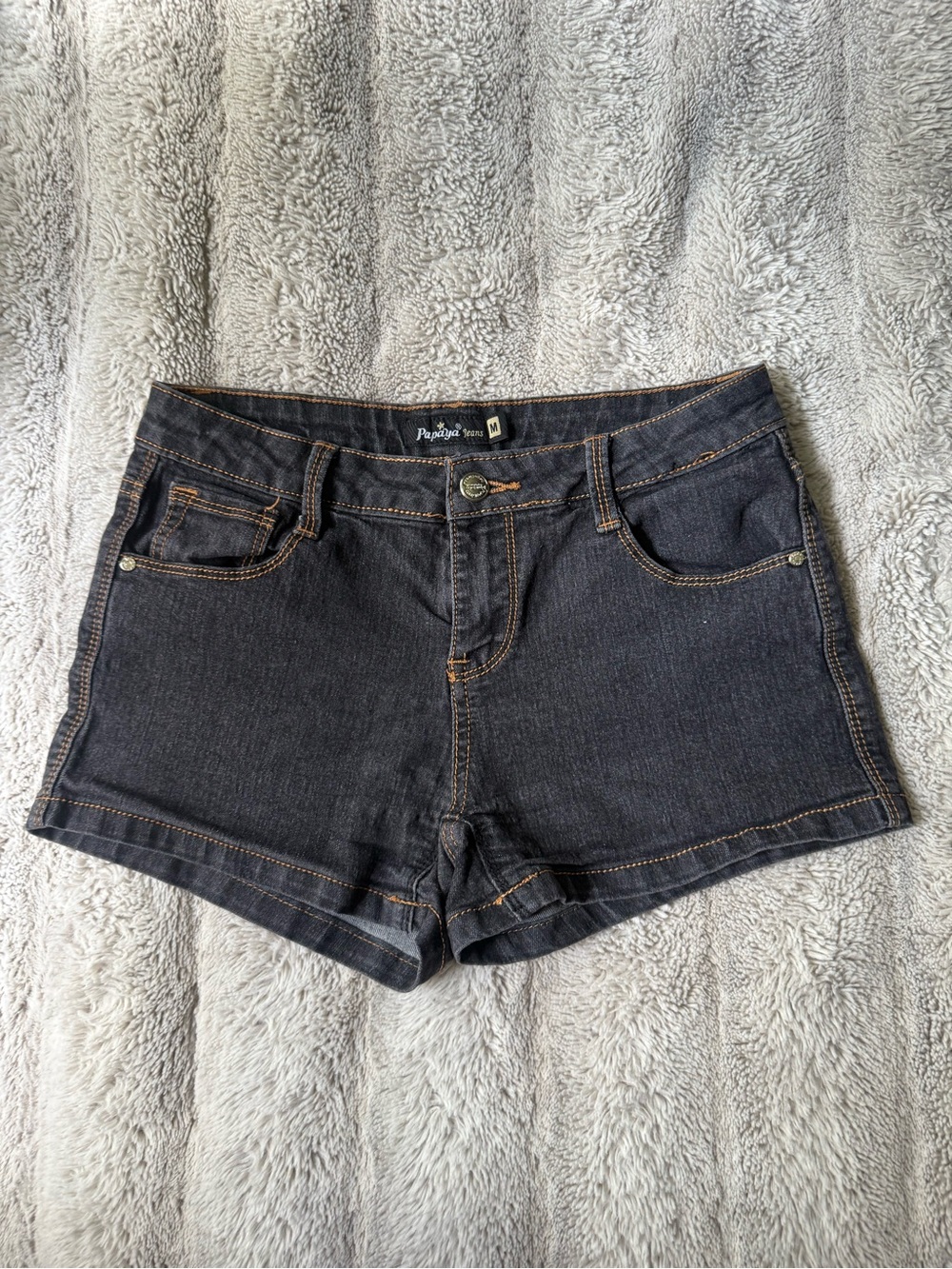 Y2K Papaya Dark Wash Denim Shorts • Low Rise Stretch Jean Shorts